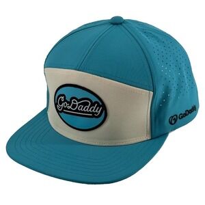 GoDaddy Snapback Hat Blue White Performance Trucker Cap Adjustable Flat Bill